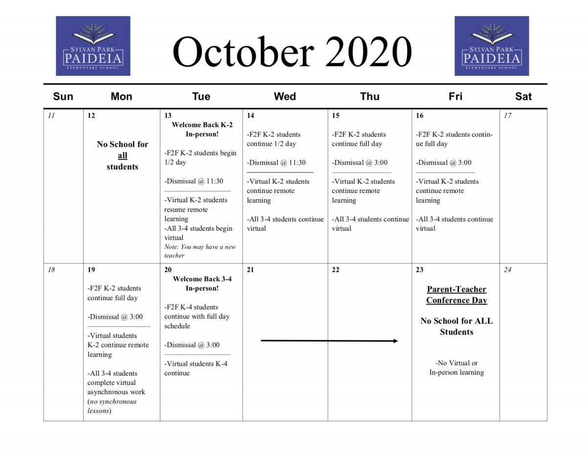 October 2020 Return to School Calendar with Date Changes Sylvan Park